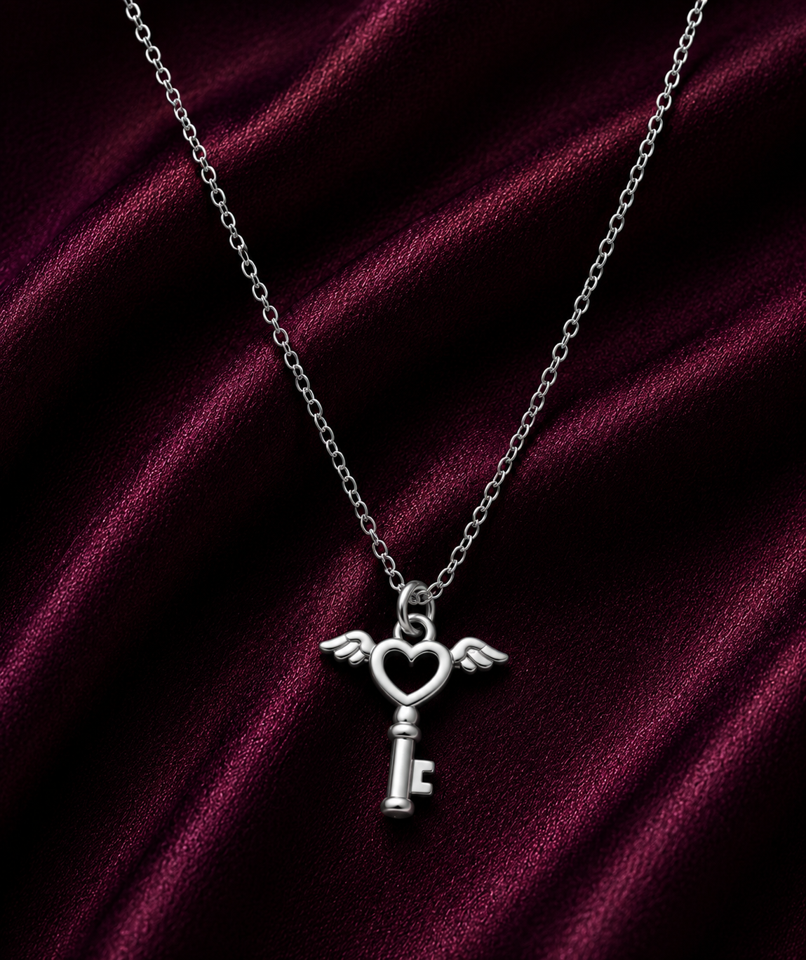 Silver Heart Key Pendant Necklace
